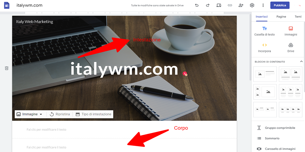 Creare sito web con Google Come aggiungere contenuti